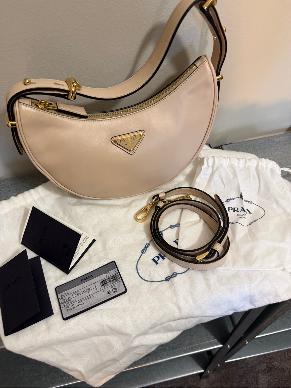 Prada Blush Crescent Shoulder Bag with Gold-Tone Hardware